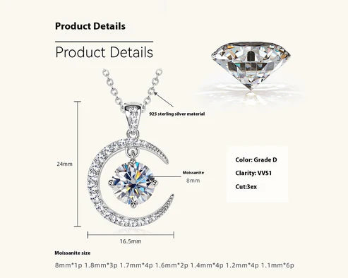 Women's Minimalist Pure Silver Crescent Shaped Moissanite Pendant Necklace
